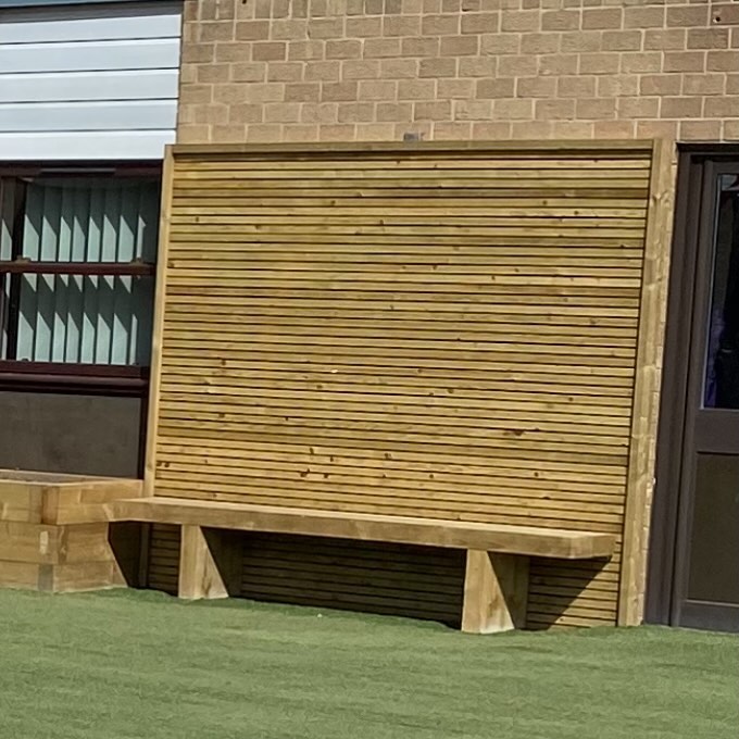 Raised bed, bench, screening and turf we completed for a local primary school earlier this year. #primaryeducation #primaryschool #pgsstamford #screening #sleepers #artificalturf #landscaping