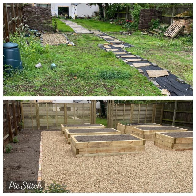 #landscaping project we completed last year in #Stamford using #jacksonfencing Venetian panels to section a large garden. Customer planned to plant herbs and vegetables in the raised beds. #pgsstamford